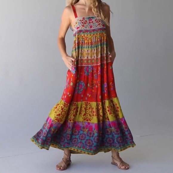 Natural Life Patricia Maxi Dress in Red Mustard Border Boho Festival Size XL - Picture 14 of 16